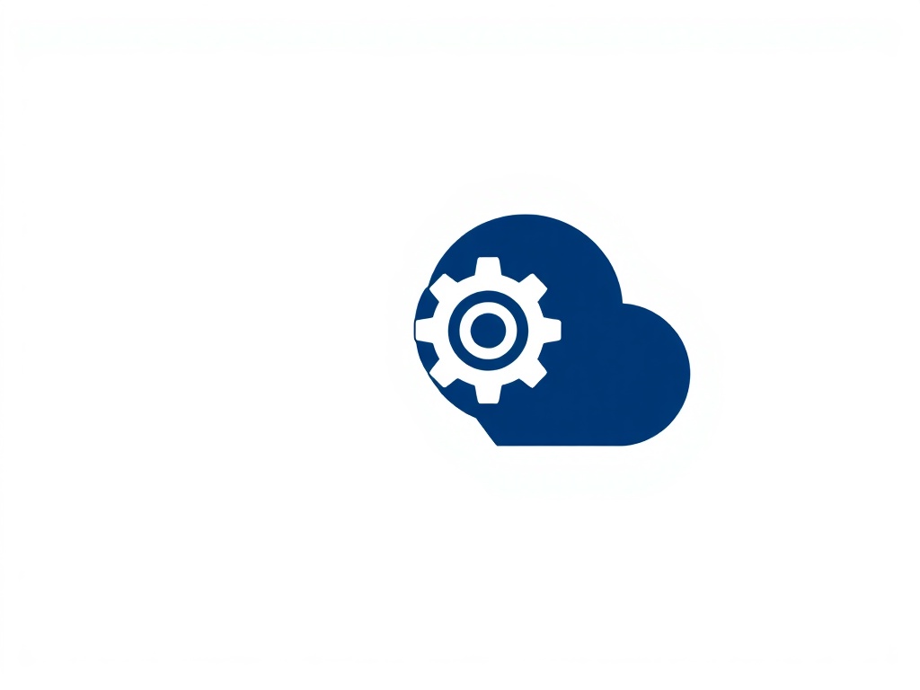 A minimalistic cloud icon with integrated gear symbol, modern flat design, navy blue color, clean white background, professional vector style, 8k
